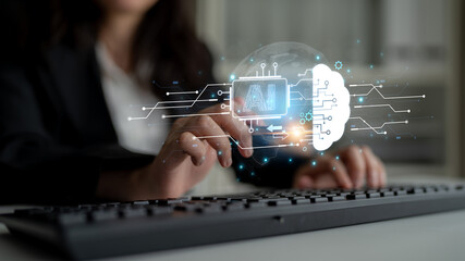 Concept of artificial intelligence and machine learning. A central processor transfers information to a cloud brain, representing a global neural network and deep learning. Fermion