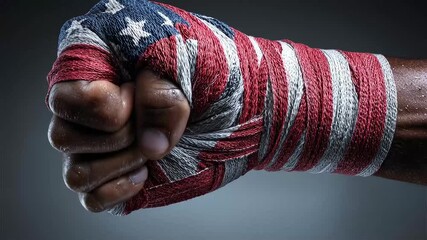Powerful fist wrapped in American flag design showcases unity and strength in sports and culture - Powered by Adobe