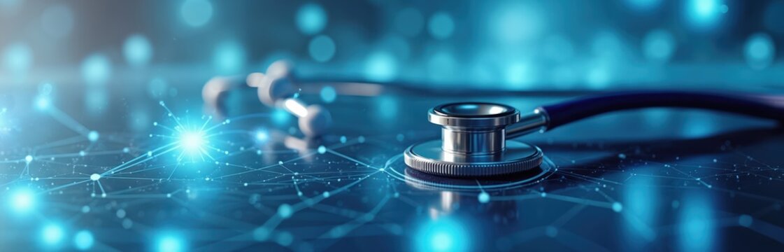 Stethoscope lies on futuristic digital surface with glowing network connections. Medical tech innovation for healthcare business, data analysis, health insurance. Future of medicine diagnostics, - Powered by Adobe