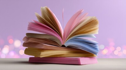 A stack of books with a pink book on top. The books are open to the middle and the pink book is the top one