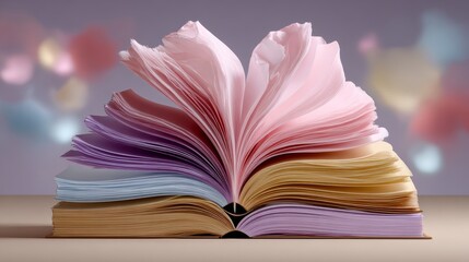 A book with a pink and purple cover is open to a page with a pink and purple flower