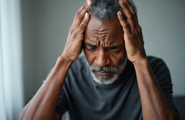Upset senior african american man holds head suffering from severe headache migraine. Stressed older male with grey hair feels unwell, anxious, depressed. Mature person with health problems feels