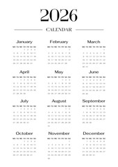 Minimalist English 2026 year calendar template single vertical page with 12 month. Week starts on Monday. Layout yearly planner with elegant typography