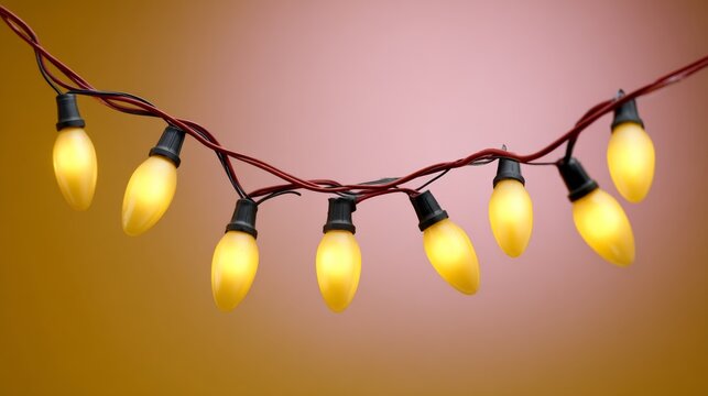 A string of yellow lights hanging from a wire. The lights are evenly spaced and are all the same color