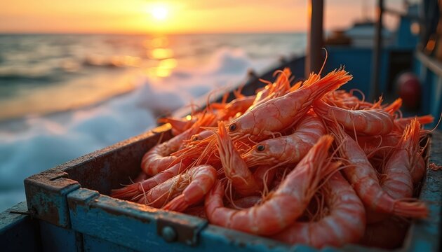 Freshly caught pink shrimp piled in rustic crate on fishing boat deck. Golden sunlight bathes ocean waves, horizon during beautiful sunset. Delicious seafood harvest, fresh marine catch for healthy