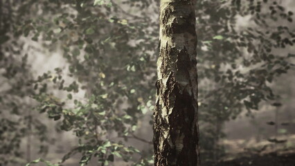 Obraz premium Morning light filters through leaves in a serene forest. A tall tree stands proudly amidst soft mist, creating an enchanting atmosphere of peace and nature.
