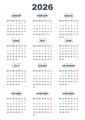 2026 Year English Calendar Template Vertical single page in bold modern design. Week starts on Monday