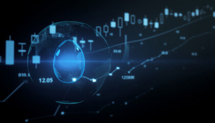 A digital abstract representation of stock market data with a blue glow and a globe, conveying the concepts of trading and finance