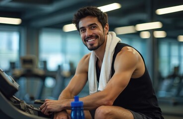Naklejka premium Young hispanic man smiles on treadmill after workout. He rests and drinks water. Active lifestyle portrait in gym. Fitness enthusiast with towel. Healthy person.