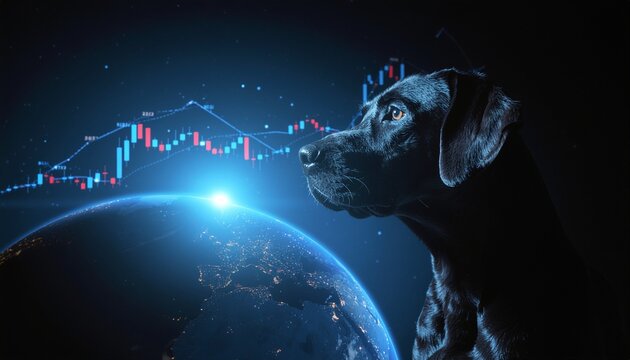 A sleek black dog gazing thoughtfully at the world, combined with financial market data - Powered by Adobe