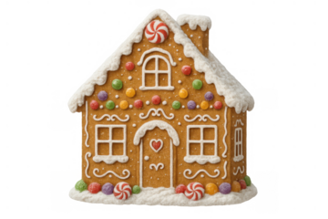 Gingerbread house decorating for christmas holidays, a sweet festive home with candy and icing, transparent background