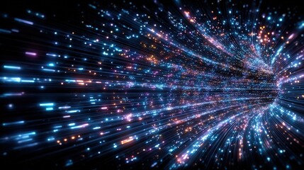 Obraz premium Bright, vibrant streaks of color flow outward in a stunning display, creating a sense of motion and energy. This abstract design features blue, pink, and orange lights against a dark background.