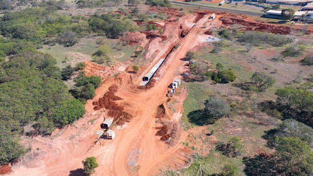 Bras&iacute;lia, Brazil, 07/08/2023. Aerial view of urban drainage civil engineering works near the South Wing (Asa Sul) Bus Terminal.