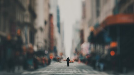Obraz premium Solitary Pedestrian Walking Down Busy City Street in Blur of Urban Life