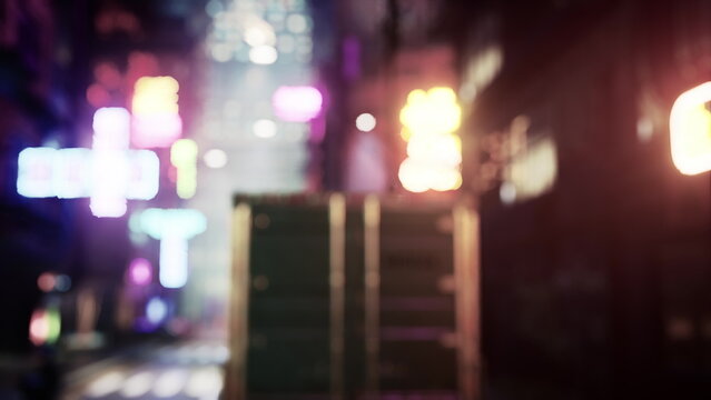 Colorful neon signs light up the alley, creating a lively atmosphere. Shadows dance across the walls as people move through the urban landscape at night, capturing the essence of city life.