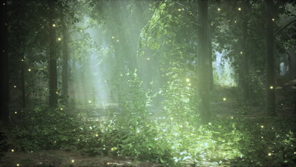 Obraz premium In a serene forest, soft beams of sunlight filter through leafy trees, illuminating the ground. Small glowing particles float through the air, creating a magical atmosphere during dawn.