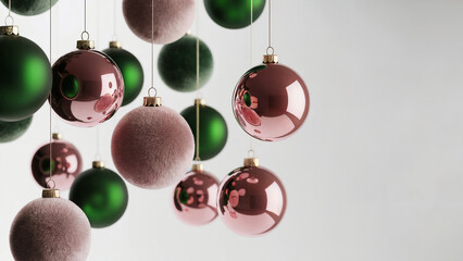 Christmas holiday background  of elegant translucent pink and emerald green glass and velvet  baubles. Space for text. 