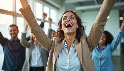 Diverse group businesspeople celebrating corporate success. Happy colleagues team rejoice successful project completion. Joyful professionals celebrate deal achievement. Excited people in office