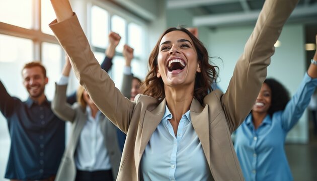 Diverse group businesspeople celebrating corporate success. Happy colleagues team rejoice successful project completion. Joyful professionals celebrate deal achievement. Excited people in office