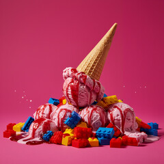Obraz premium Strawberry Ice Cream Scoops Melting Over Colorful Plastic Building Blocks