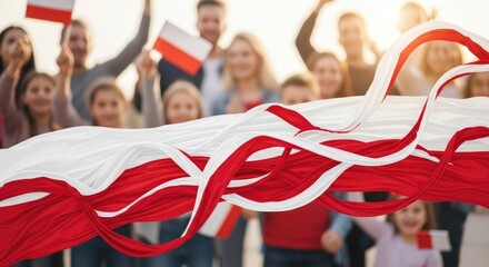 Joyful Polish citizens and children raising small flags, celebrating national independence day with immense pride, a large vibrant red white banner flowing in warm sunlight.