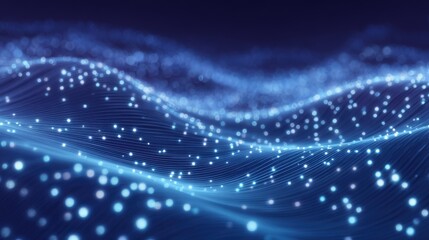 A vast expanse of glowing blue waves undulates softly, creating a calming digital effect. Tiny lights twinkle across the surface, resembling stars in a night sky.