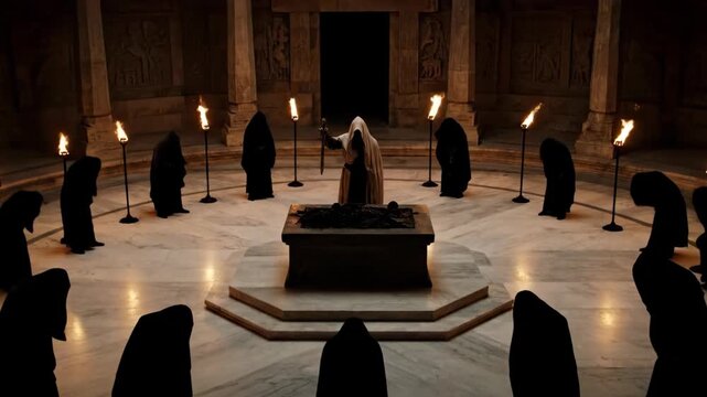 Man in white hooded robe performing a ritual with a sword above a sarcophagus surrounded by hooded figures in a torchlit stone chamber, conspiracy footage.