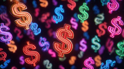 Obraz premium Bright neon dollar signs in various colors illuminate a dark background, creating an energetic and lively atmosphere associated with finance and wealth.