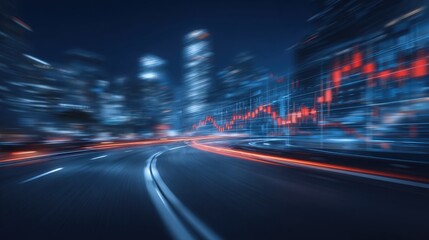 A vibrant city skyline is illuminated against the night sky, featuring blurred lights from vehicles. Superimposed are red stock market graphs, showcasing economic activity and trends.