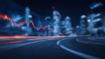 Nighttime city scene features a blurred skyline with illuminated buildings. A digital stock market graph overlays the view, showing fluctuating lines. Light trails from moving vehicles add dynamism.