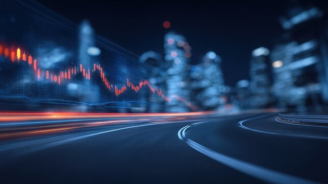 Nighttime city scene features a blurred skyline with illuminated buildings. A digital stock market graph overlays the view, showing fluctuating lines. Light trails from moving vehicles add dynamism. - Powered by Adobe