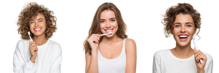 Set of Cheerful young woman with radiant clear skin and bright eyes tooth brush her teeth on transparent png background. Ai generated