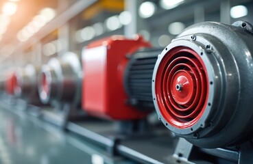 Fototapeta premium Industrial manufacturing equipment set. Cooling fan of electric motor. Hydraulic pump unit for high pressure machine. Machinery components assembly. Factory production process. Engineering design