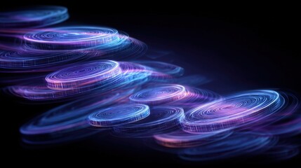 Swirling coins with glowing edges create a mesmerizing pattern against a dark background. The colors shift from blue to purple, showcasing an enchanting and abstract visual appeal.