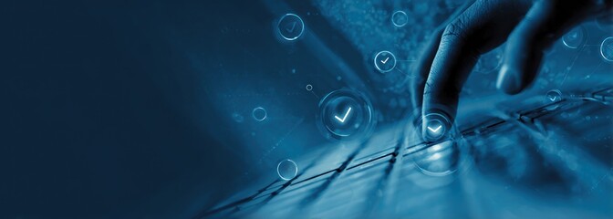 Finger interacting with glowing digital checkmarks over a dark keyboard.