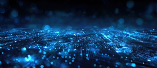 Abstract blue digital circuit board with glowing light particles background