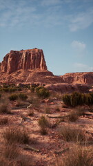 Red rock formations rise majestically in a vast desert landscape, scattered with low shrubs under a blue sky. The warm earth and greenery create a serene, natural scene.