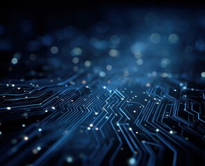 Abstract glowing blue circuit board traces against a dark background.
