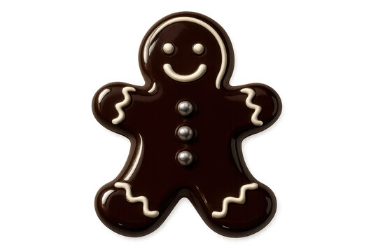 Dark chocolate gingerbread man enjoying christmas holiday festivities with white icing decoration on transparent background