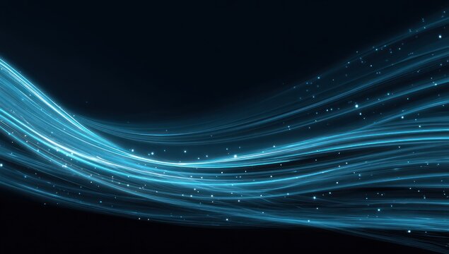 Abstract blue light trails and glowing particles against dark background