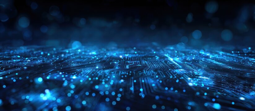 Abstract blue digital circuit board with glowing light particles background