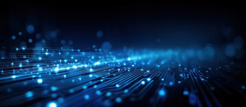 Abstract glowing blue circuit board lines against dark background