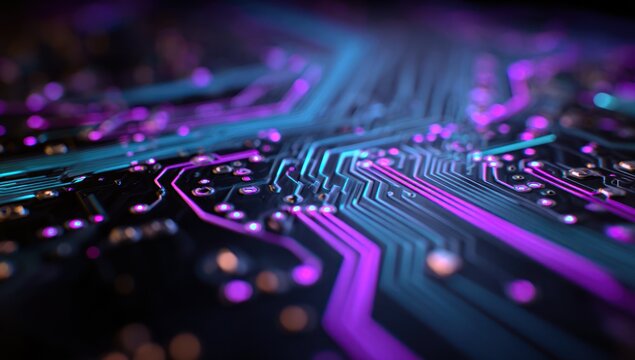 Abstract glowing circuit board traces with purple and cyan light.