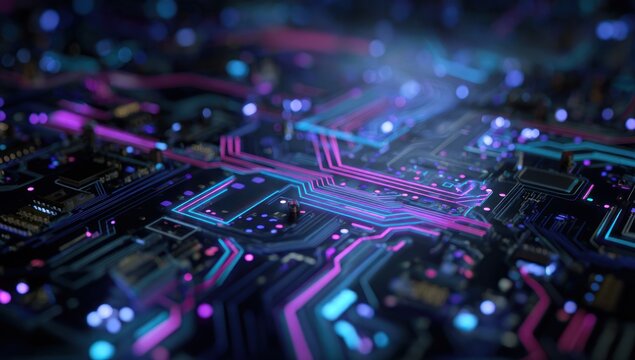 Glowing neon circuit board traces with bokeh lights in dark setting.