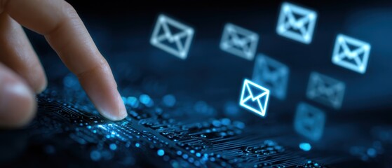 Finger touches glowing circuit board with floating digital mail icons.