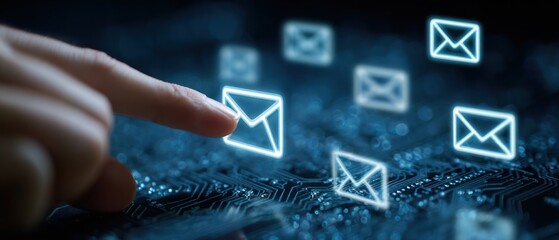 Finger touching glowing digital email icon on circuit board background