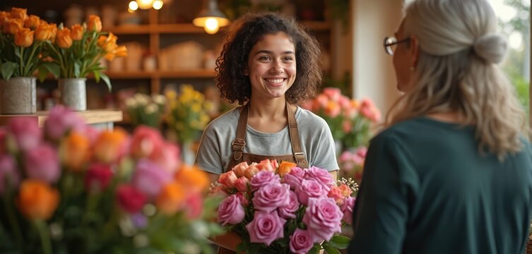 Young florist girl holds pink and orange rose bouquet. She smiles at senior woman customer in flower shop. Small business owner sells fresh blooms. Happy client gets beautiful floral arrangement. - Powered by Adobe