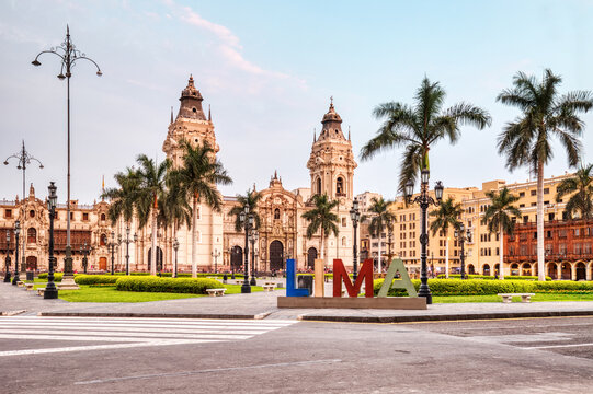 Lima Main Square Plaza de Armas and Lima Cathedral in the Historic Centre at Sunset
