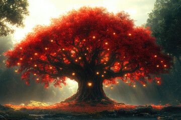 Glowing Lanterns Surround the Tallest Mahogany Tree in Forest