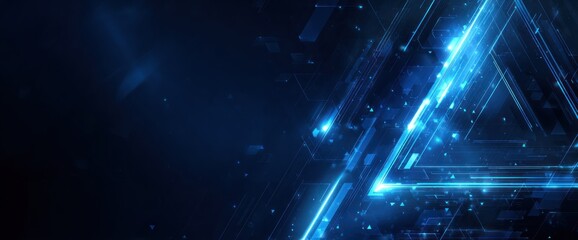 Abstract dark blue background with glowing neon geometric shapes and lines.